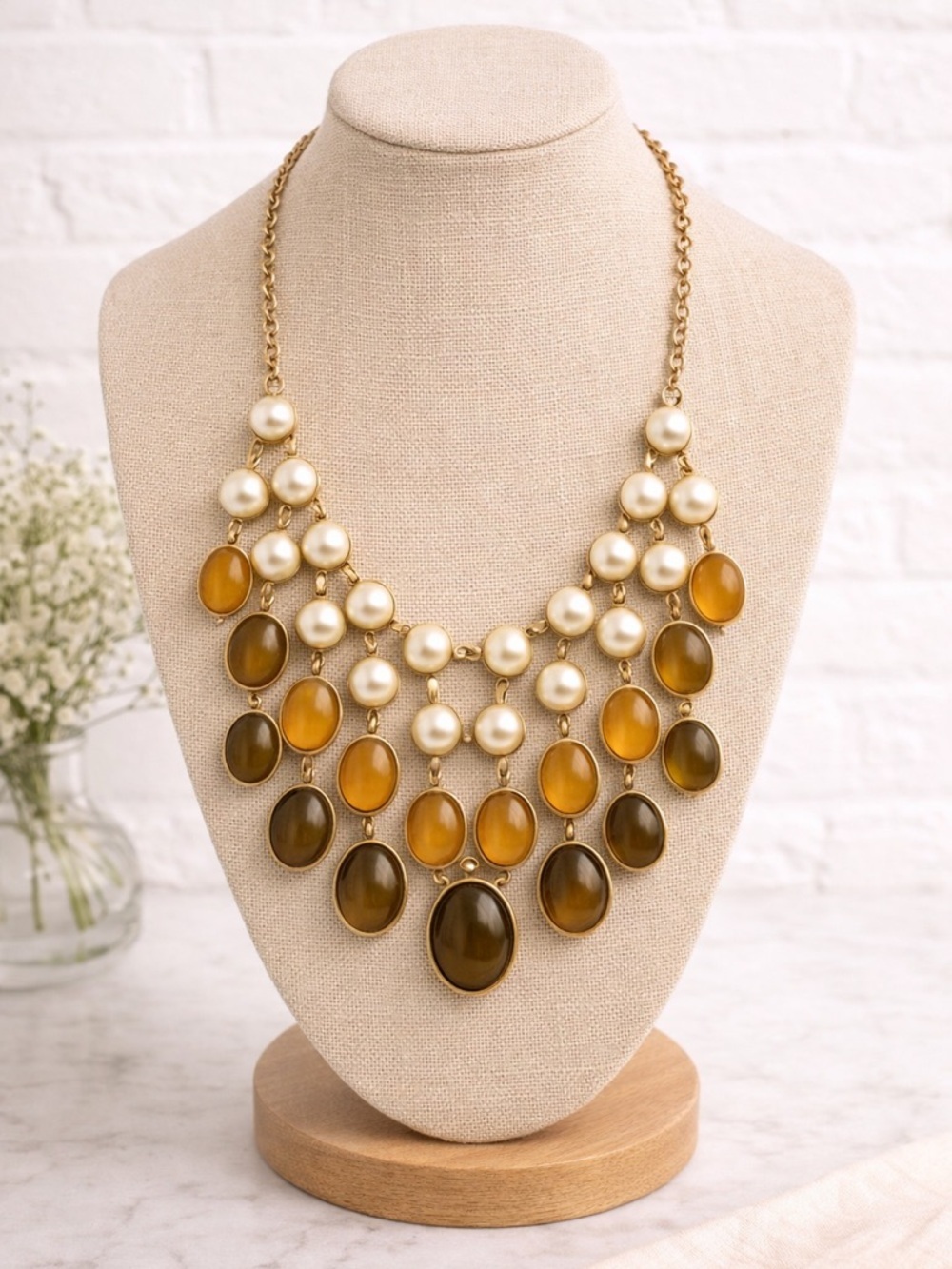 New York & Company Gold-Tone Pearl Bib State Necklace with Amber and Olive Drops